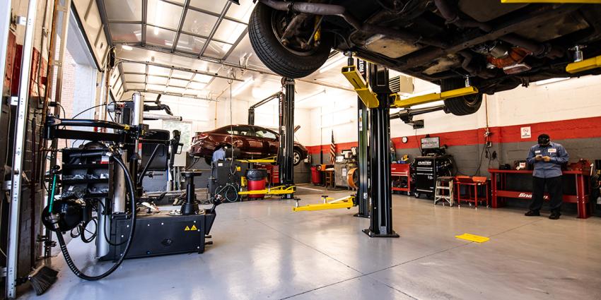 Interior of a Metro Motor auto repair shop in Alexandria, Virginia